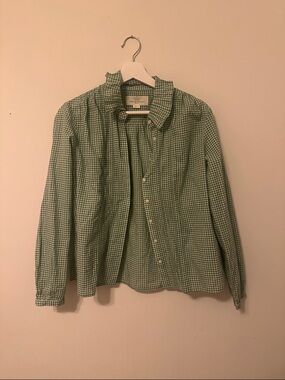 Trovata Birds of Paradise Green Gingham Ruffle-Collar Button-Down Shirt small
